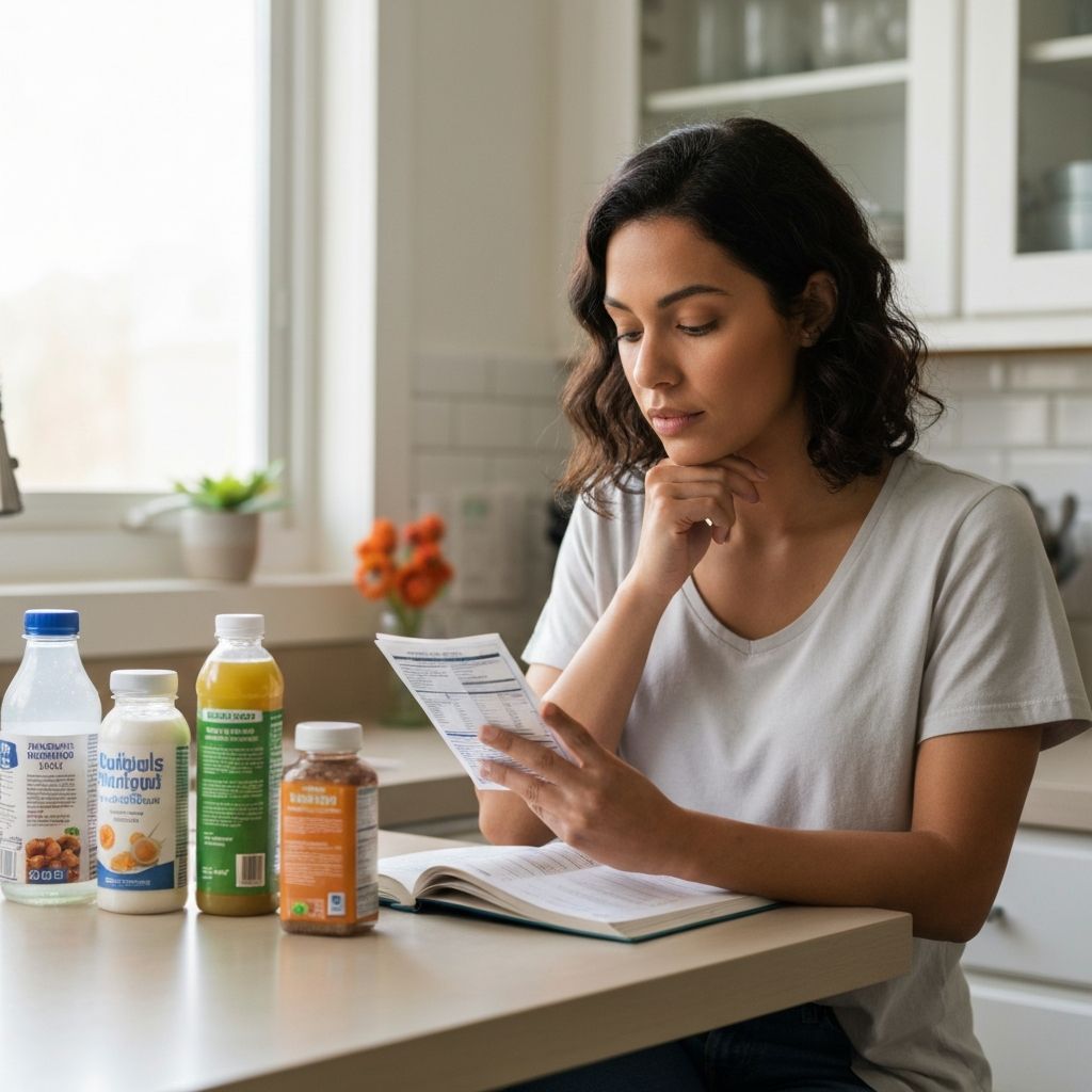 Person studying nutritional information and food labels at a calm home kitchen workspace