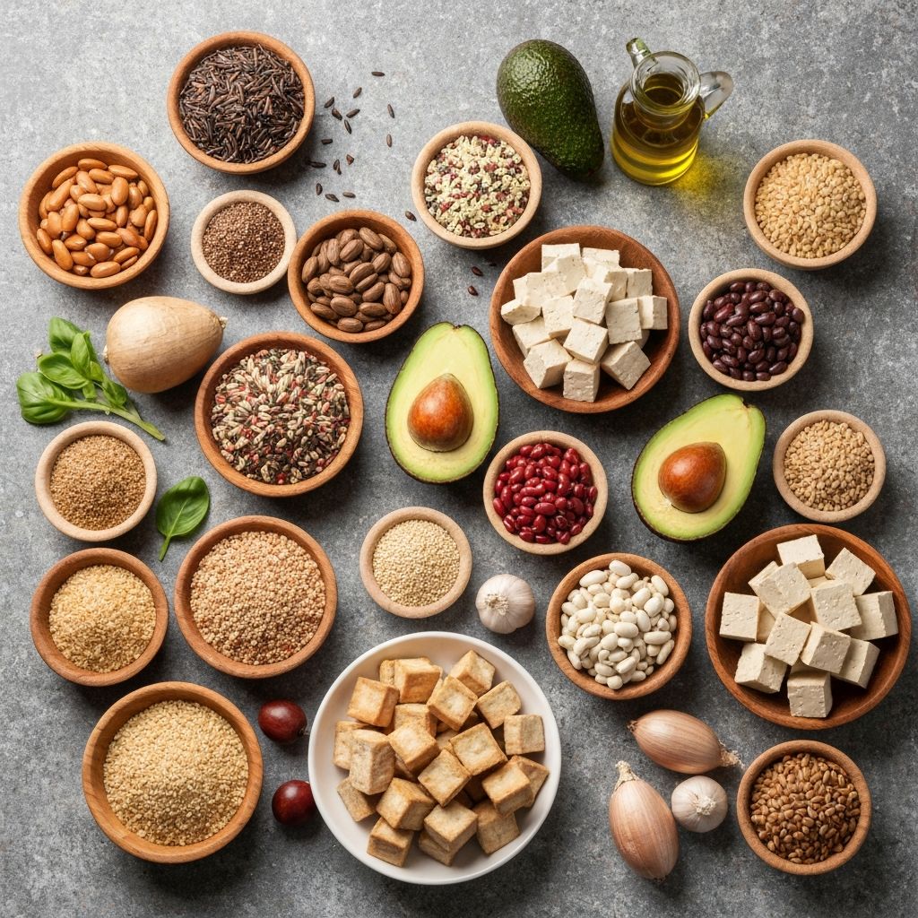 Comprehensive display of diverse whole foods organized by macronutrient categories including proteins, fats, and carbohydrates