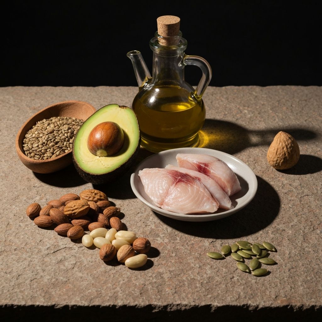 Moody arrangement of healthy fat sources including avocado, olive oil, fish, nuts, and seeds on stone surface with warm directional lighting