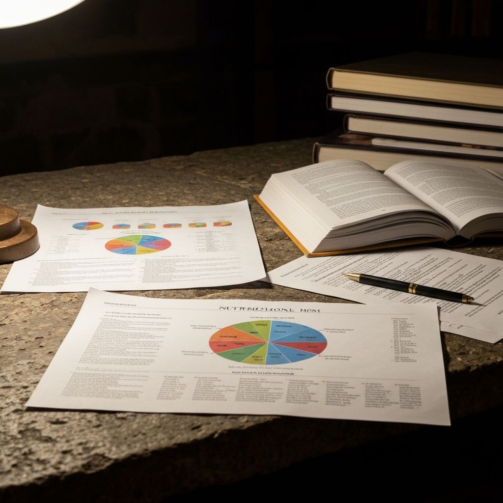 Academic research setting with books, scientific papers, and nutritional charts on study desk with moody institutional lighting